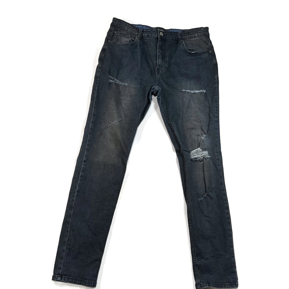 Serenede Mens Distressed Slim Tapered Jeans Dark Wash Ripped Size 38